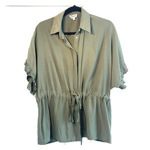 Green Button Up Blouse with waist cinch tie